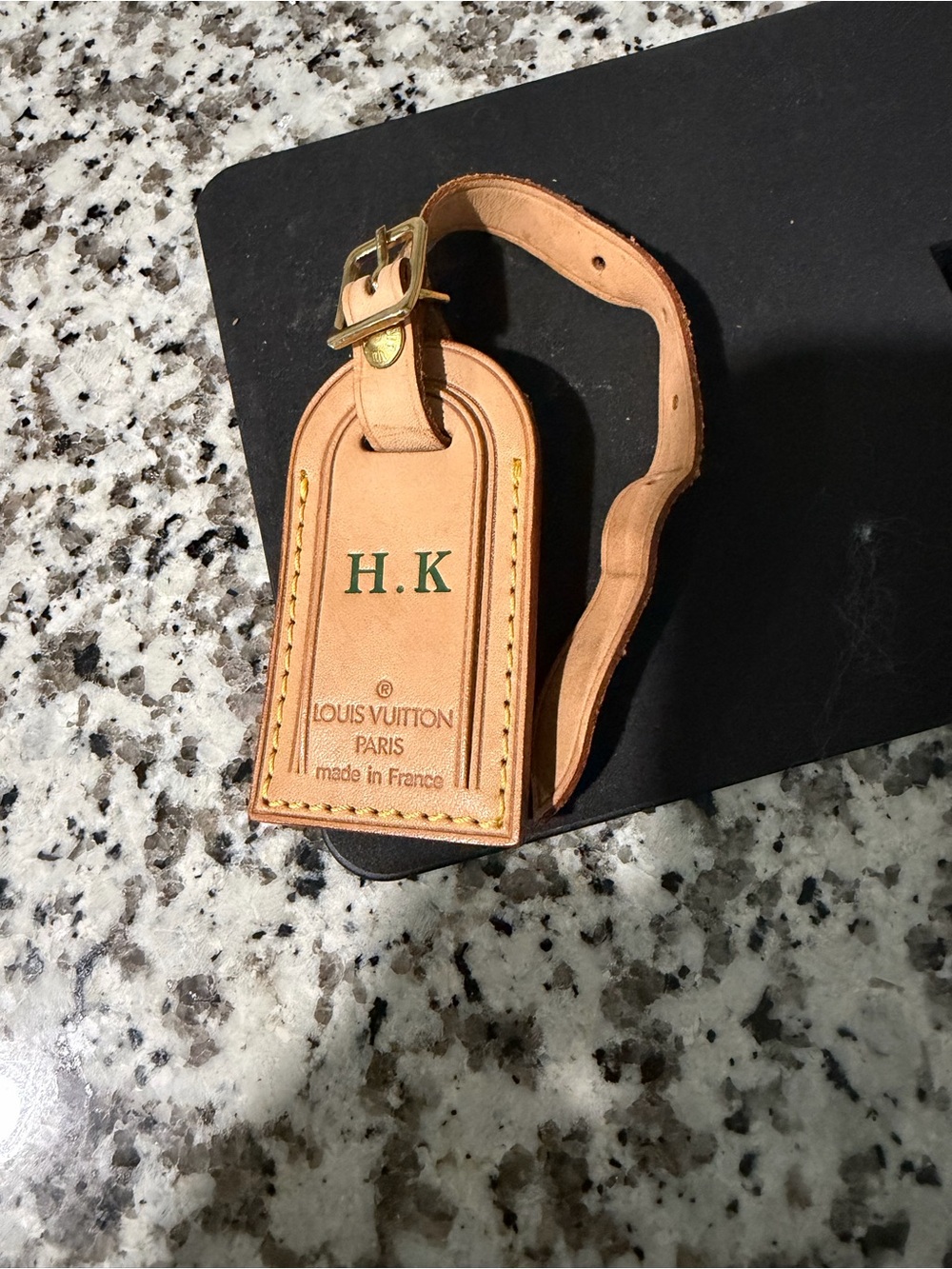 Louis Vuitton Tan Leather Luggage Tag with Green Initials